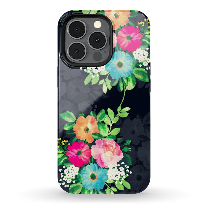 iPhone 13 pro StrongFit Watercolor Vintage Roses Floral Dark Blue Design by InovArts