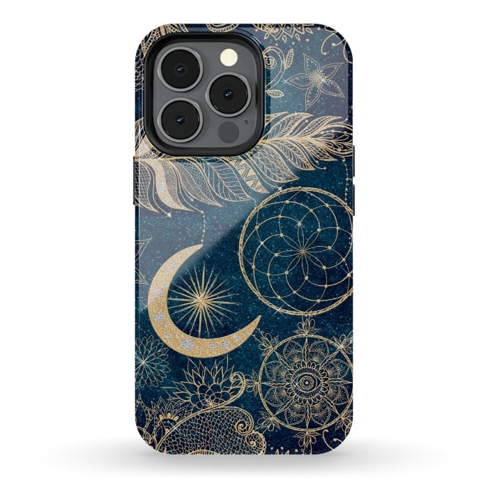 iPhone 13 pro StrongFit Whimsy Gold Glitter Dreamcatcher Feathers Mandala by InovArts