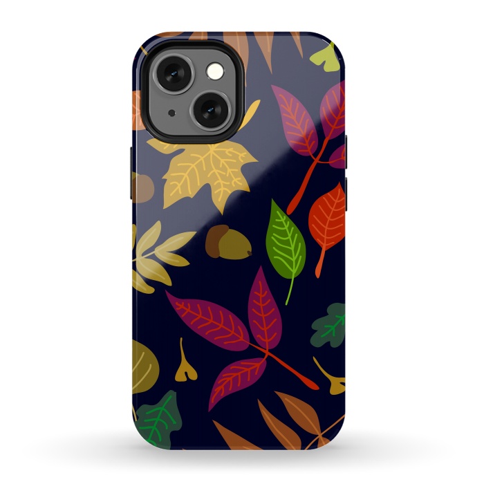 iPhone 13 mini StrongFit Colorful Leaves and Acorns on Black Background by ArtsCase