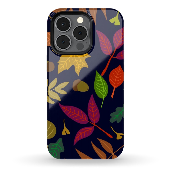 iPhone 13 pro StrongFit Colorful Leaves and Acorns on Black Background by ArtsCase