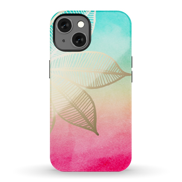 iPhone 13 StrongFit Gold Flower on Turquoise and Pink Watercolor by Tangerine-Tane