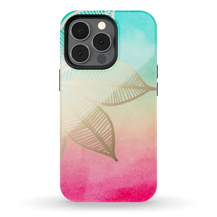 iPhone 13 pro StrongFit Gold Flower on Turquoise and Pink Watercolor by Tangerine-Tane
