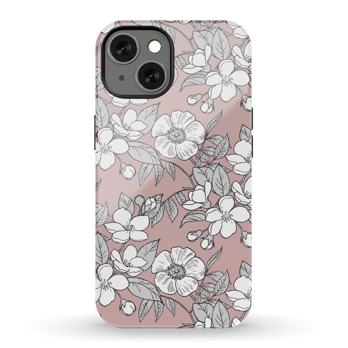 iPhone 13 StrongFit White Cherry flowers line art drawing on pink by Oana 