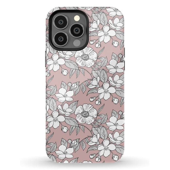 iPhone 13 Pro Max StrongFit White Cherry flowers line art drawing on pink by Oana 