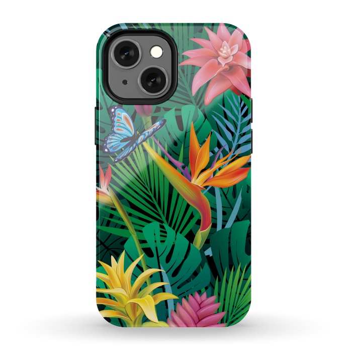iPhone 13 mini StrongFit Cute Tropical Floral Design Green Pink and Purple by ArtsCase