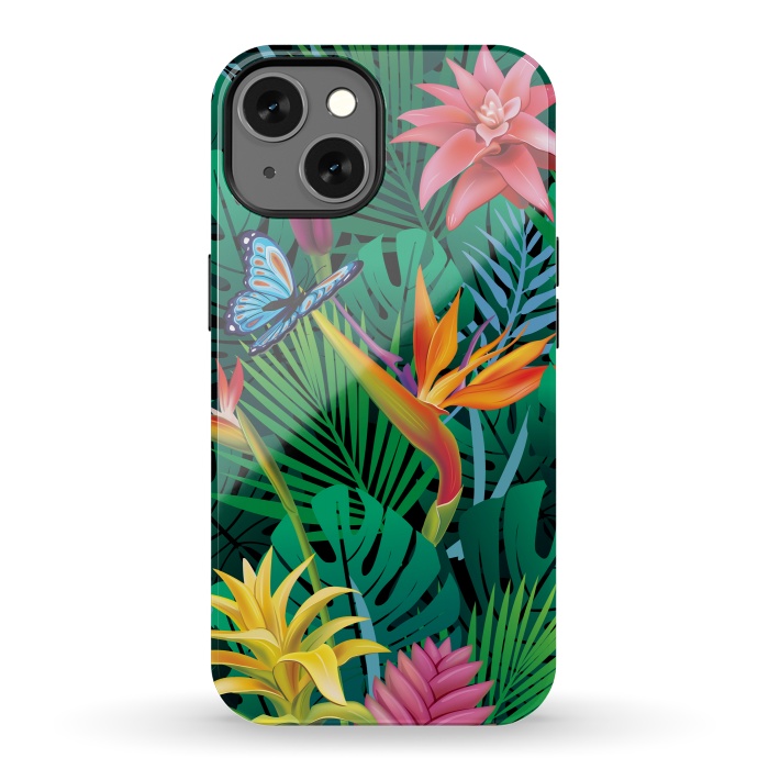 iPhone 13 StrongFit Cute Tropical Floral Design Green Pink and Purple by ArtsCase