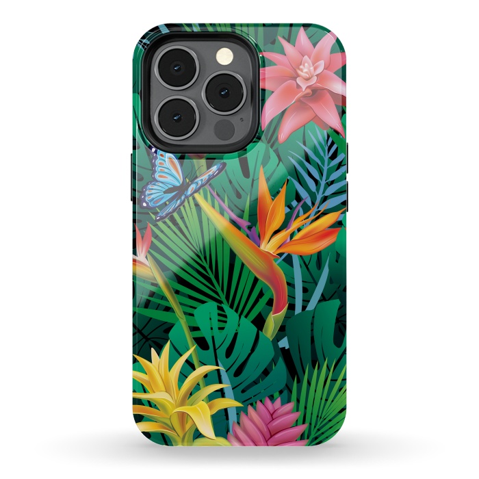 iPhone 13 pro StrongFit Cute Tropical Floral Design Green Pink and Purple by ArtsCase