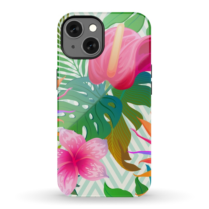 iPhone 13 StrongFit Exotic Flowers and Leaves in Geometric Decoration by ArtsCase