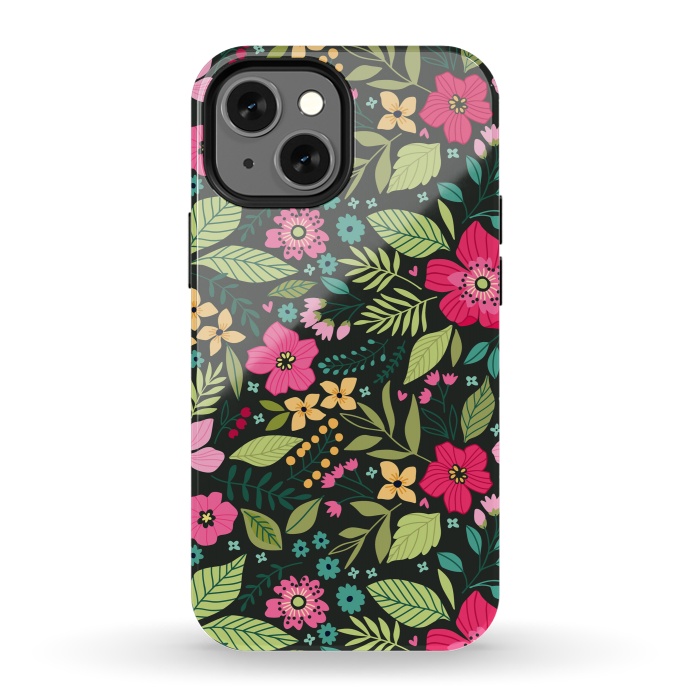 iPhone 13 mini StrongFit Pretty Flowers on Dark Green Background by ArtsCase