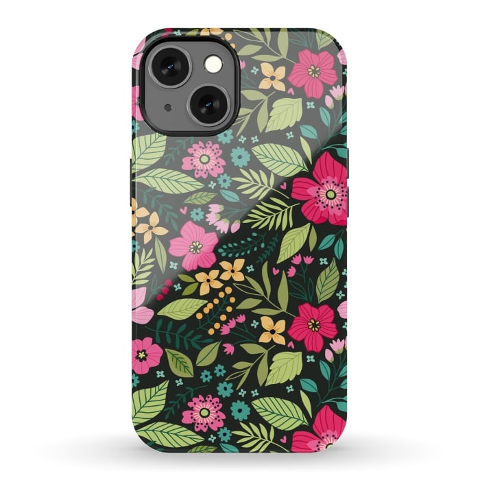 iPhone 13 StrongFit Pretty Flowers on Dark Green Background by ArtsCase