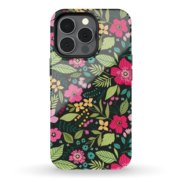 iPhone 13 pro StrongFit Pretty Flowers on Dark Green Background by ArtsCase