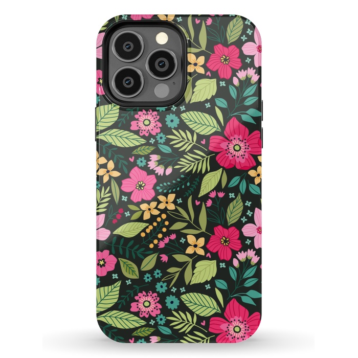 iPhone 13 Pro Max StrongFit Pretty Flowers on Dark Green Background by ArtsCase