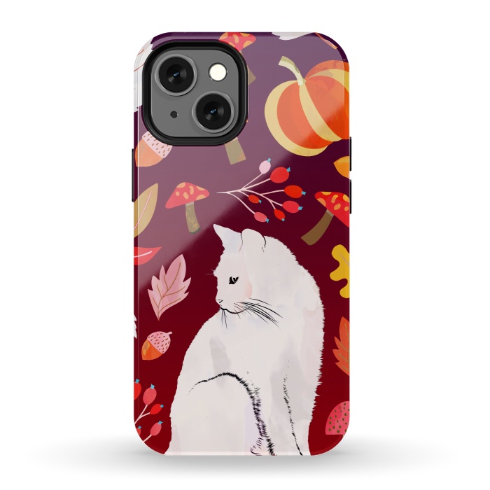 iPhone 13 mini StrongFit White cat and autumn nature pattern by Oana 