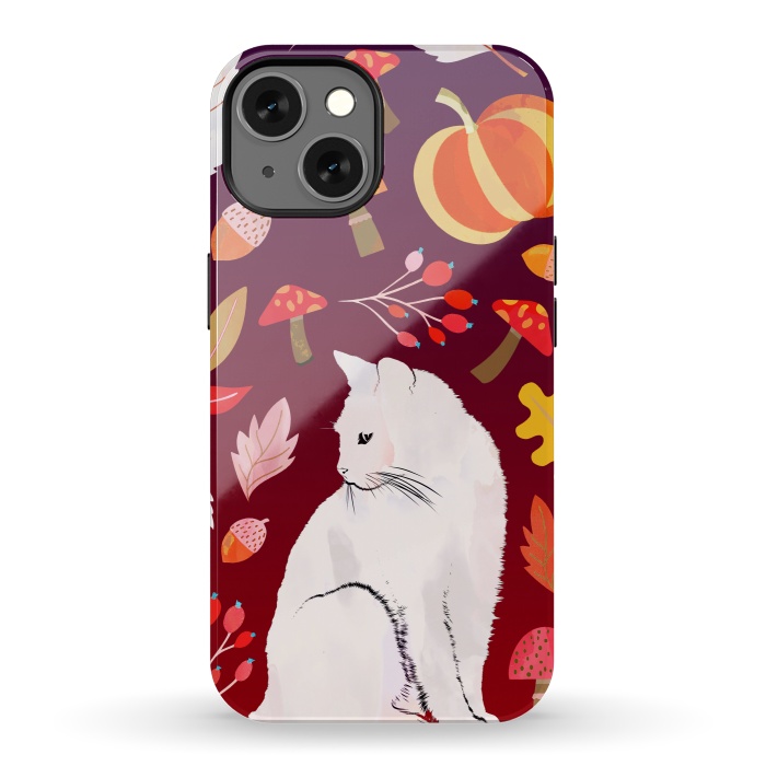 iPhone 13 StrongFit White cat and autumn nature pattern by Oana 