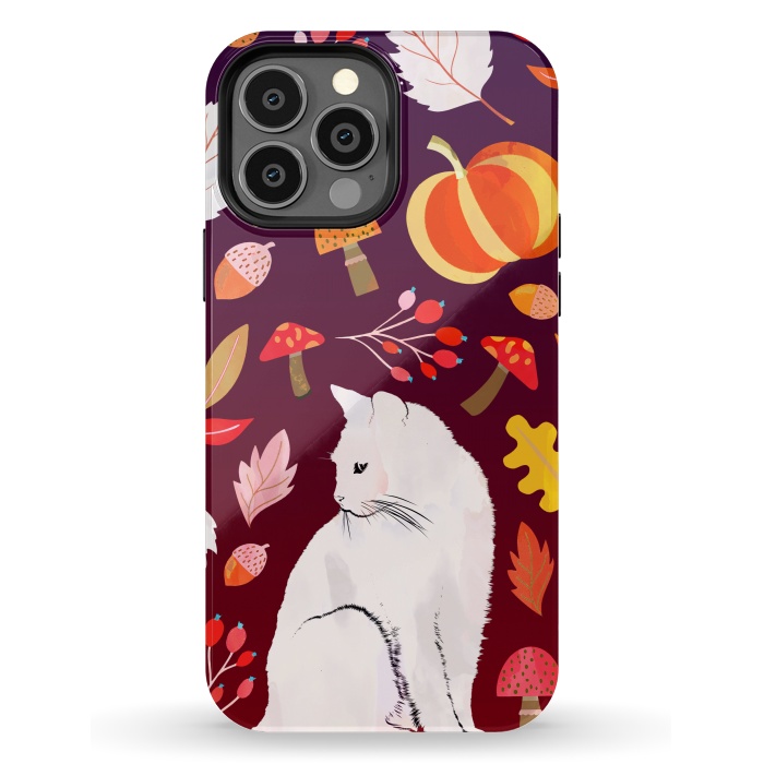 iPhone 13 Pro Max StrongFit White cat and autumn nature pattern by Oana 