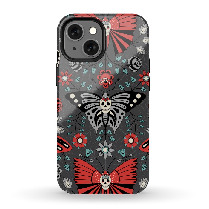 iPhone 13 mini StrongFit Gothic Halloween Skulls, Butterflies Flowers on a dark gray background by Portia Monberg