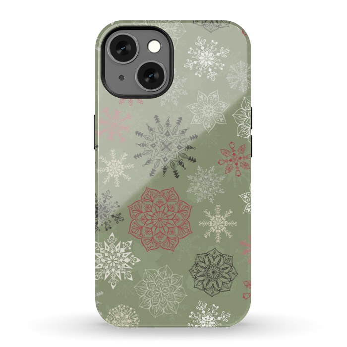 iPhone 13 StrongFit Christmas Snowflakes on Dark Green by Paula Ohreen
