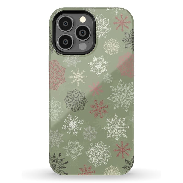 iPhone 13 Pro Max StrongFit Christmas Snowflakes on Dark Green by Paula Ohreen