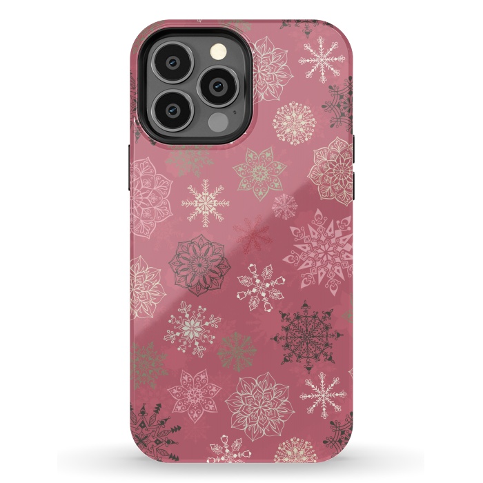 iPhone 13 Pro Max StrongFit Christmas Snowflakes on Pink by Paula Ohreen