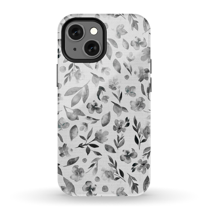 iPhone 13 mini StrongFit Watercolor Textured Floral Toss - Black and White by Paula Ohreen