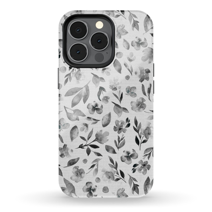 iPhone 13 pro StrongFit Watercolor Textured Floral Toss - Black and White by Paula Ohreen