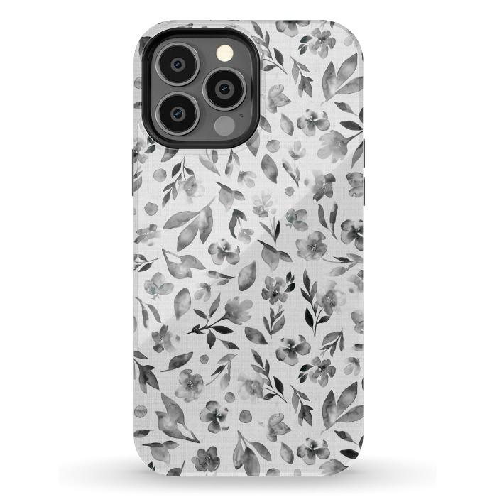 iPhone 13 Pro Max StrongFit Watercolor Textured Floral Toss - Black and White by Paula Ohreen
