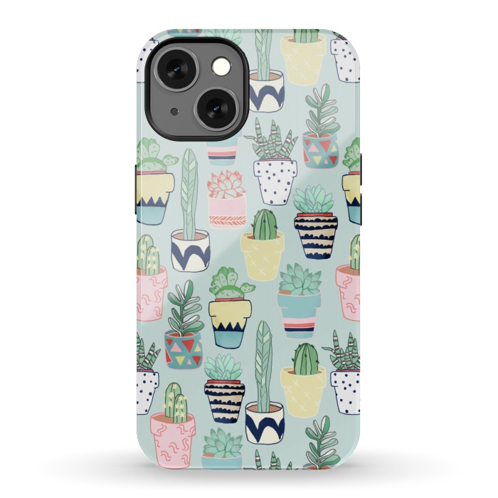 iPhone 13 StrongFit Cute Cacti In Pots on Mint Green by Tangerine-Tane