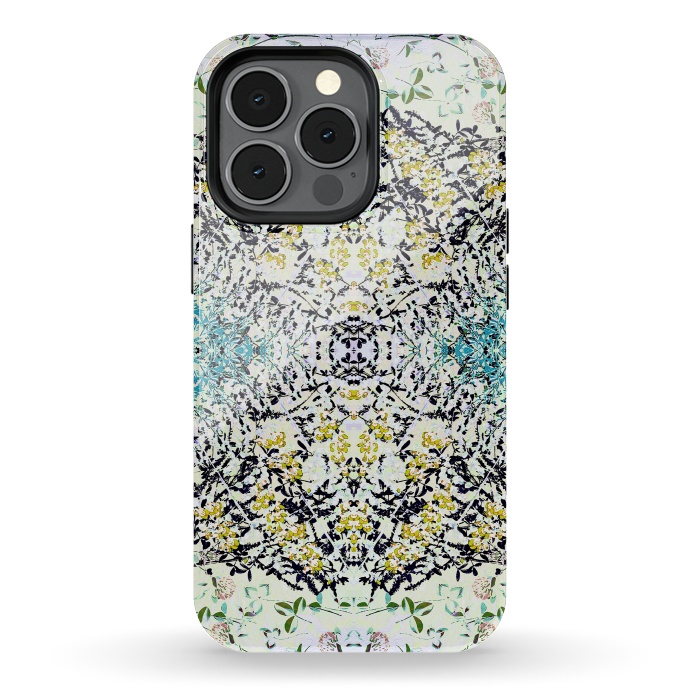 iPhone 13 pro StrongFit Yellow blue ditsy flowers and leaves pattern by Oana 