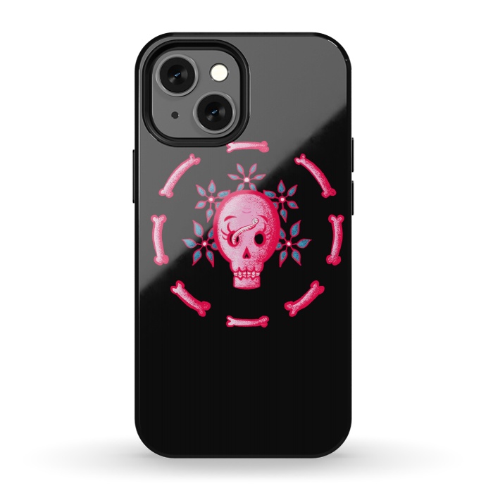 iPhone 13 mini StrongFit Funny Skull In Pink With Flowers And Bones by Boriana Giormova