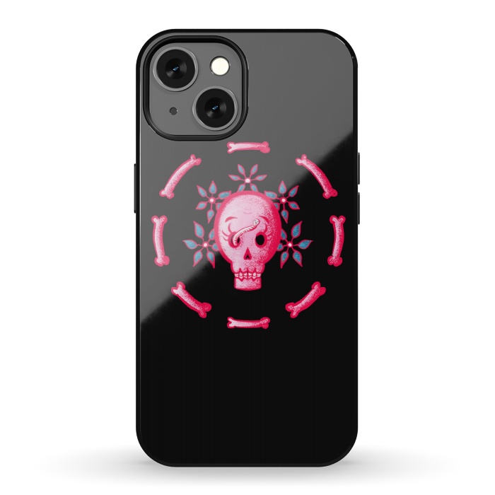 iPhone 13 StrongFit Funny Skull In Pink With Flowers And Bones by Boriana Giormova