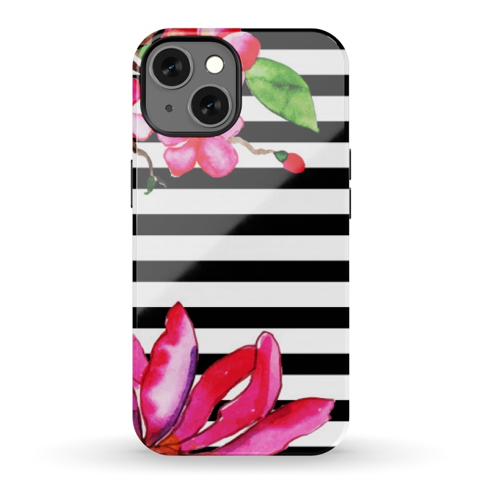 iPhone 13 StrongFit black white stripes floral pink pattern by MALLIKA