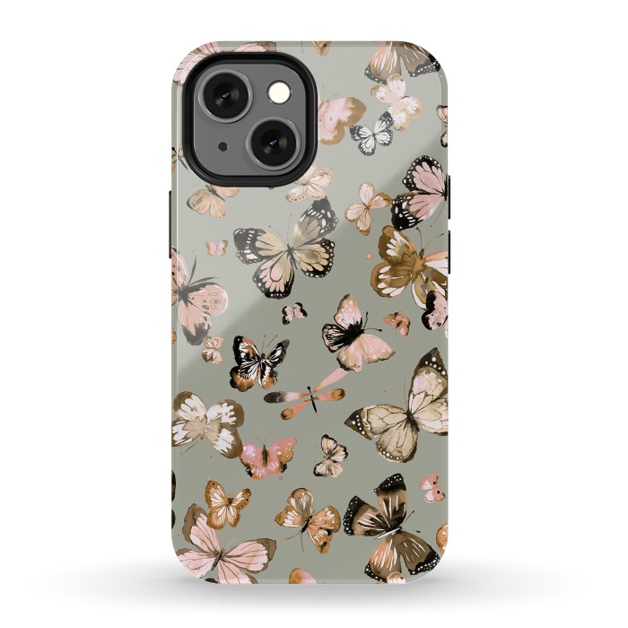 iPhone 13 mini StrongFit Watercolor Butterflies Beige Gold by Ninola Design