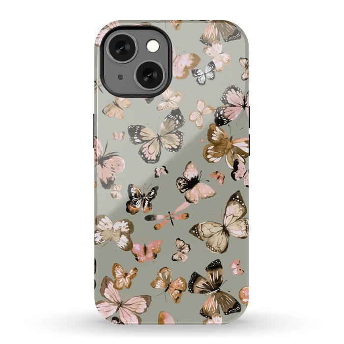 iPhone 13 StrongFit Watercolor Butterflies Beige Gold by Ninola Design