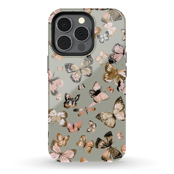 iPhone 13 pro StrongFit Watercolor Butterflies Beige Gold by Ninola Design