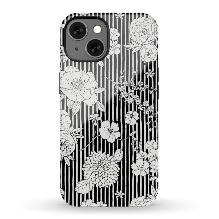 iPhone 13 StrongFit Flowers and Stripes Black and White by Ninola Design