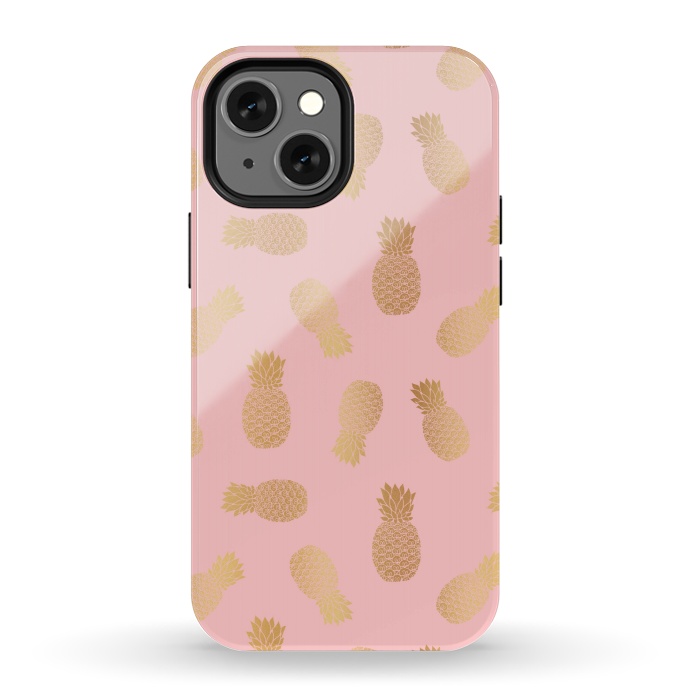iPhone 13 mini StrongFit Pink and Gold Pineapples by Julie Erin Designs