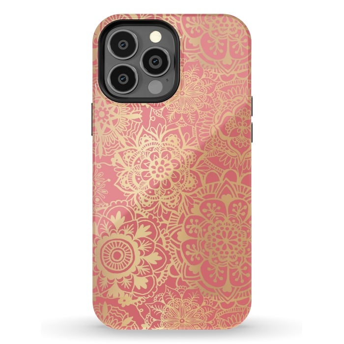 iPhone 13 Pro Max StrongFit Coral Pink and Gold Mandala Pattern by Julie Erin Designs