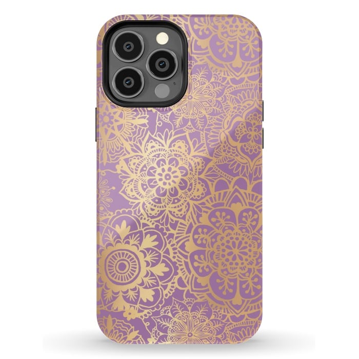 iPhone 13 Pro Max StrongFit Light Purple and Gold Mandala Pattern by Julie Erin Designs