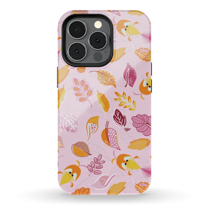 iPhone 13 pro StrongFit Cute parrots in a fun tossed pattern with funky leaves in pink and orange by Paula Ohreen