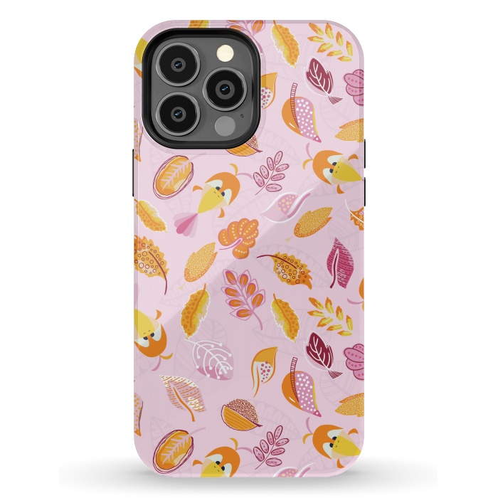 iPhone 13 Pro Max StrongFit Cute parrots in a fun tossed pattern with funky leaves in pink and orange by Paula Ohreen