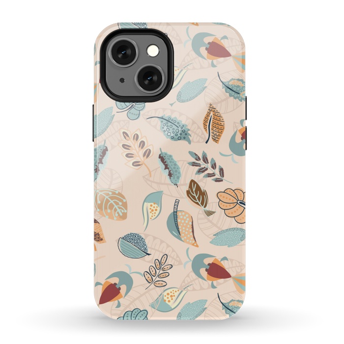 iPhone 13 mini StrongFit Cute parrots in a fun tossed pattern with funky leaves in blue and red by Paula Ohreen