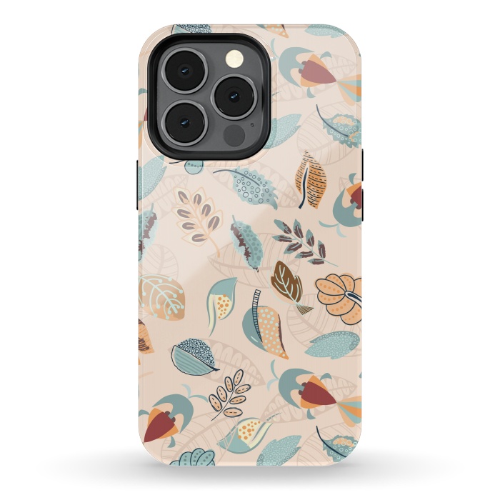 iPhone 13 pro StrongFit Cute parrots in a fun tossed pattern with funky leaves in blue and red by Paula Ohreen