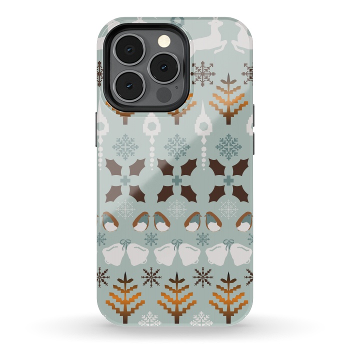 iPhone 13 pro StrongFit Fair Isle Christmas in blue and brown by Paula Ohreen