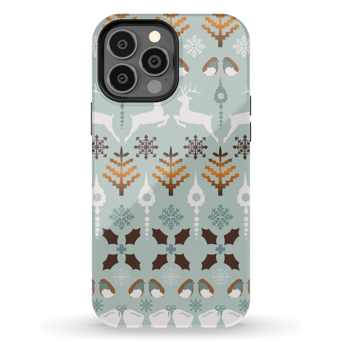 iPhone 13 Pro Max StrongFit Fair Isle Christmas in blue and brown by Paula Ohreen