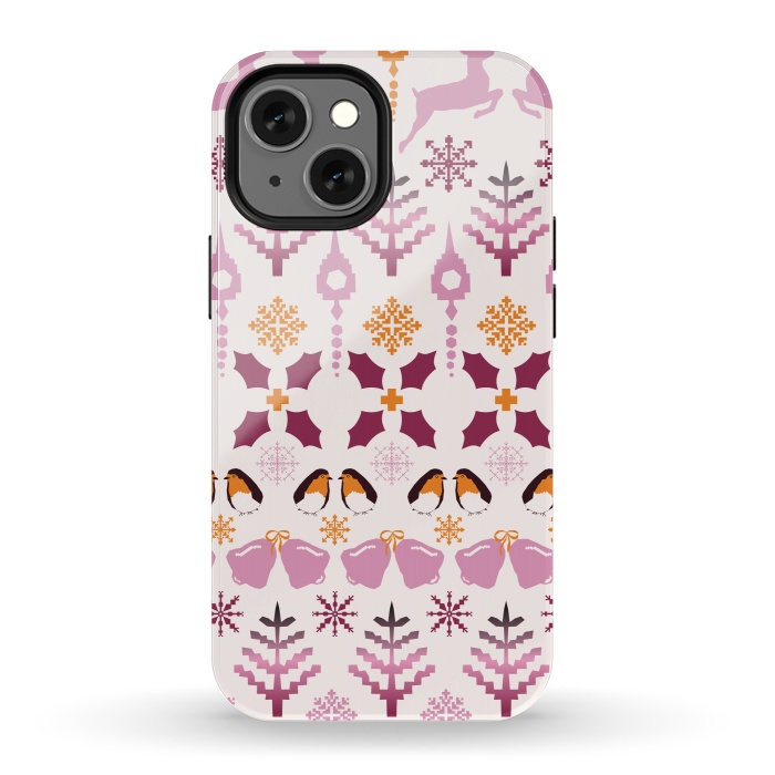 iPhone 13 mini StrongFit Fair Isle Christmas in pink and orange by Paula Ohreen