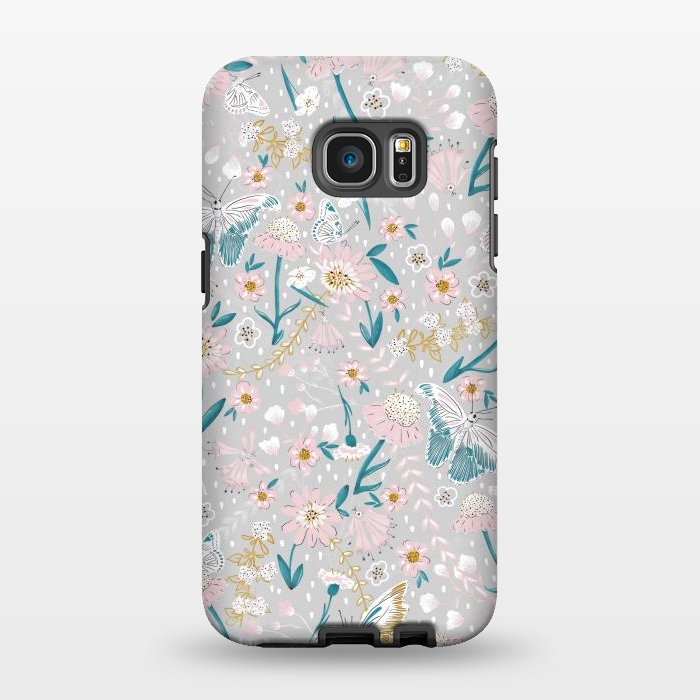 Galaxy S7 EDGE StrongFit Delicate Daisies and Butterflies half-drop repeat pattern by Paula Ohreen