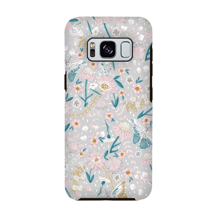 Galaxy S8 StrongFit Delicate Daisies and Butterflies half-drop repeat pattern by Paula Ohreen