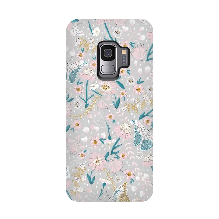 Galaxy S9 StrongFit Delicate Daisies and Butterflies half-drop repeat pattern by Paula Ohreen