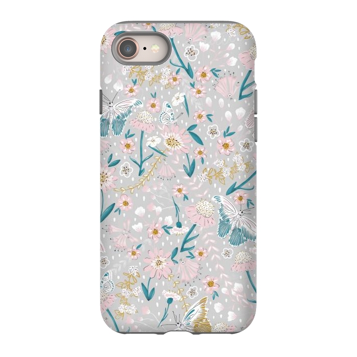 iPhone 8 StrongFit Delicate Daisies and Butterflies half-drop repeat pattern by Paula Ohreen