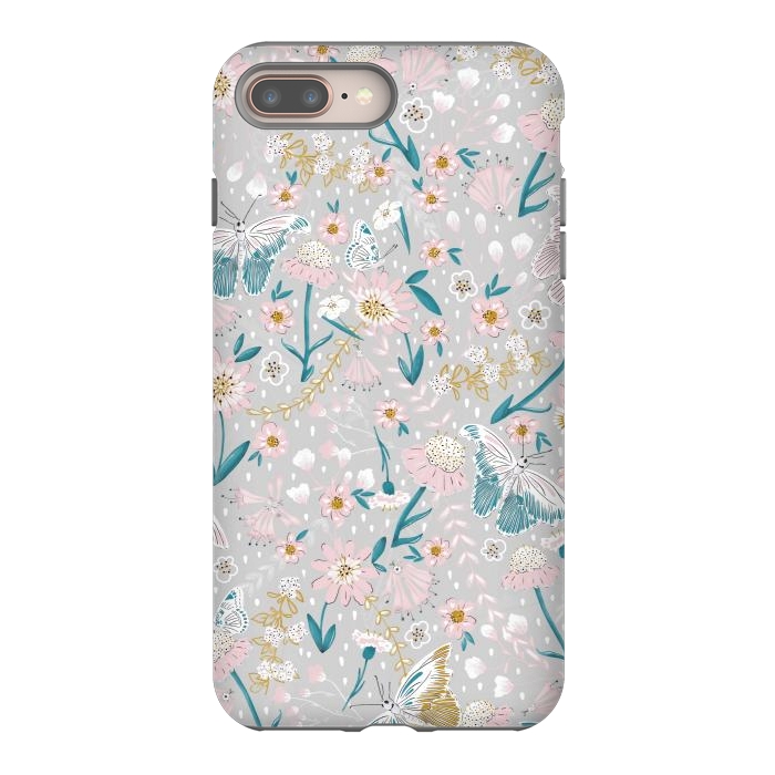 iPhone 8 plus StrongFit Delicate Daisies and Butterflies half-drop repeat pattern by Paula Ohreen